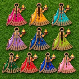 Ratna Handicrafts MDF "Diya Lady" Wall & Stair Decor Set - Pack of 10 (Assorted Colors)