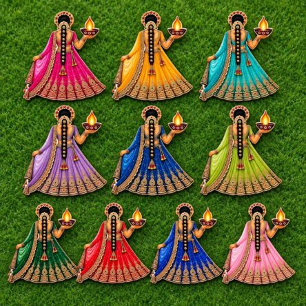 Ratna Handicrafts MDF “Diya Lady” Wall & Stair Decor Set – Pack of 10 (Assorted Colors)
