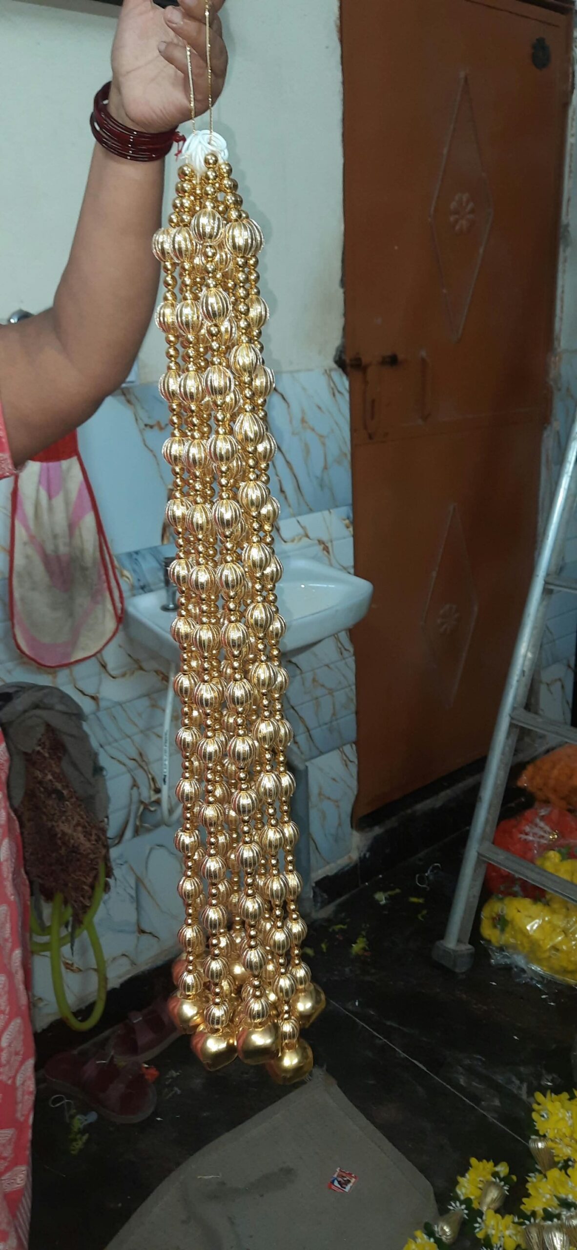 Premium Handcrafted Golden Gota Patti Hanging Latkan with Ghungroo – 4 Feet (Pack of 10)